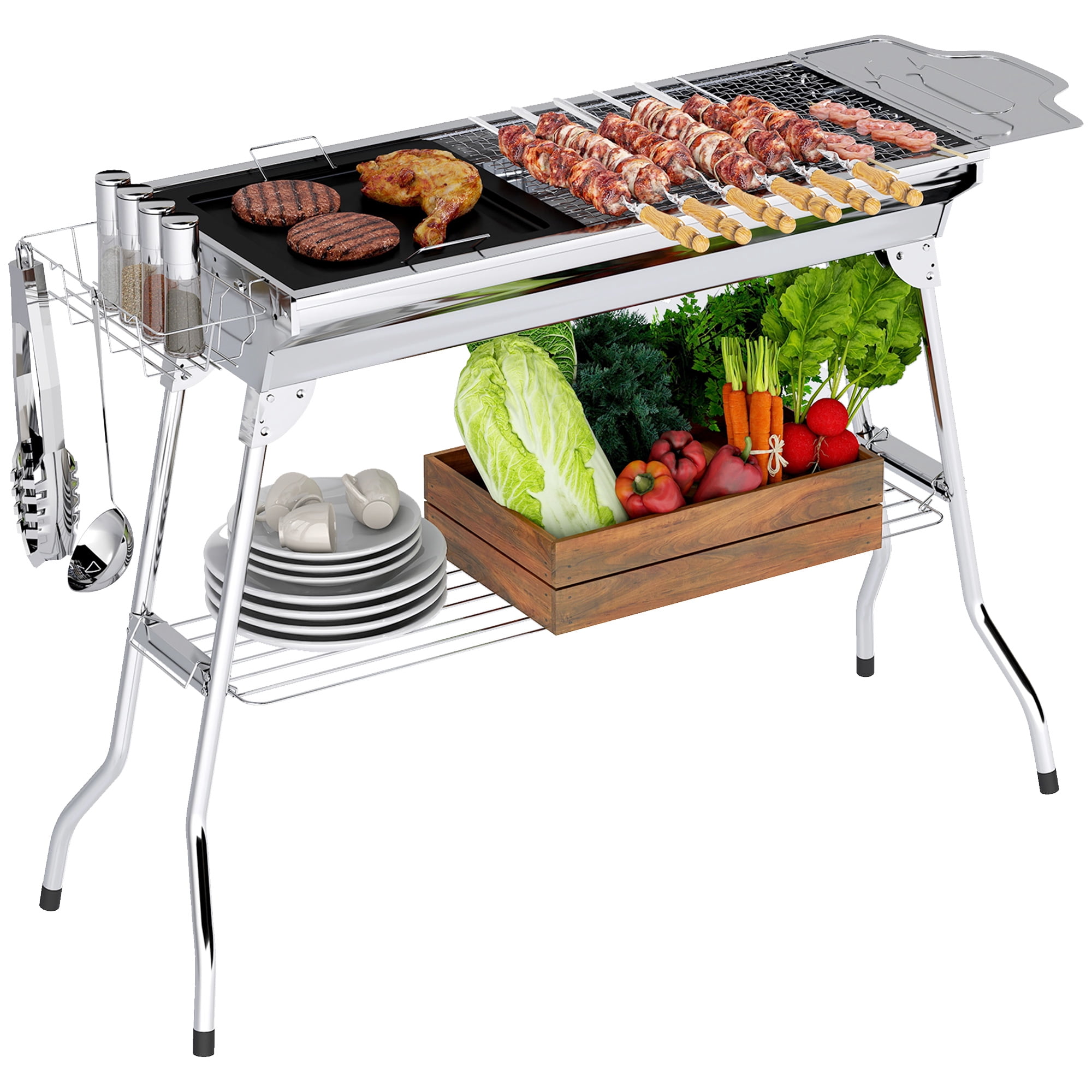BBQ Grill Outsunny Charcoal Grill, Stainless Steel Portable Folding BBQ, Outdoor Hibachi for Backyard Cooking, Camping, Picnic, Party, Tailgating and Travel with Pan, Grill Rack, Shelves, and Hooks,