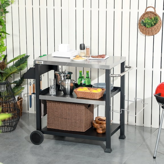 BBQ Grill Outsunny Three-Shelf Outdoor Grill Cart with Stainless Steel Tabletop, Side Handle, 32" x 20.5" Multifunctional Pizza Oven Stand, Movable Food Prep Table on Wheels, Black,Portable Grill