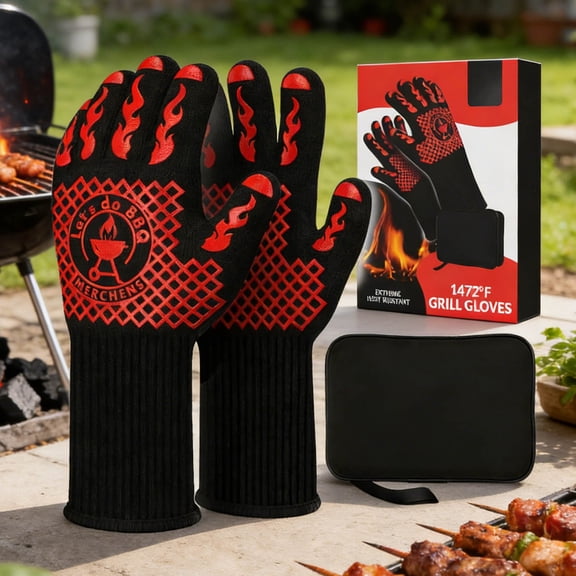 BBQ Grill & Oven Gloves Heat Resistant  Fireproof, Non-Slip Silicone Mitts for Grilling, Smoking & Baking  Extra-Long Protection  Includes Storage Case & Gift Box | Pro Series