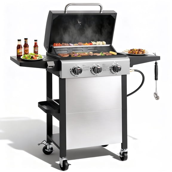 Outdoor BBQ Grill, Powerful 30,000BTU Gas Propane Grill, Stainless Steel Grill with Storage Shelves, Portable Grill for RV Party Camping Patio