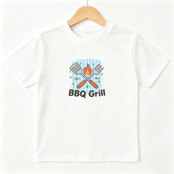 BBQ Grill Spatula Fork Girls Graphic Tee, Cute Summer Picnic 100% Cotton Kids Short Sleeve T-Shirt