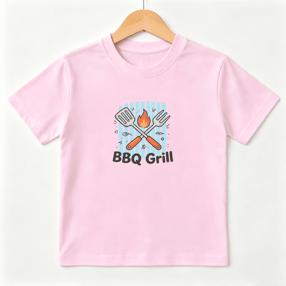 BBQ Grill Spatula Fork Girls Graphic Tee, Cute Summer Picnic 100% Cotton Kids Short Sleeve T-Shirt
