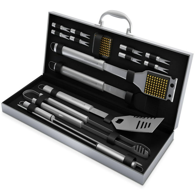 BBQ Grill Tool Set- 16 Piece High Quality Stainless Steel Barbecue Grilling Accessories with Aluminum Case Spatula Tongs Skewers By Home-Complete