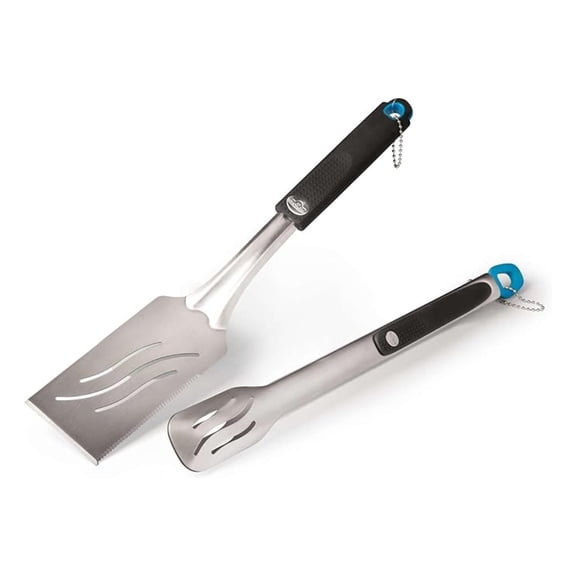 BBQ Grill Tool Set 2 Piece - Stainless Steel Tongs & Spatula - Heat Resistant - Ergonomic Handles - Extra Long - Detachable Hooks - Grill Accessories