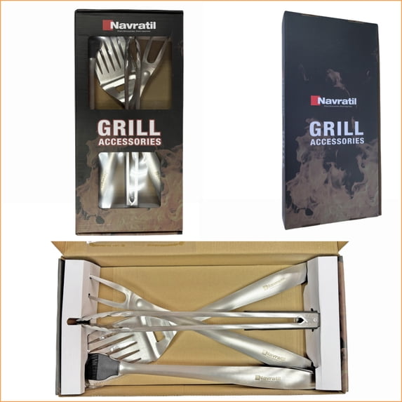 BBQ Grill Tools Set | 4-Piece Heavy Duty Grilling Utensils for Backyard BBQ, Camping Gifting | Stainless Steel | Brushed Silver