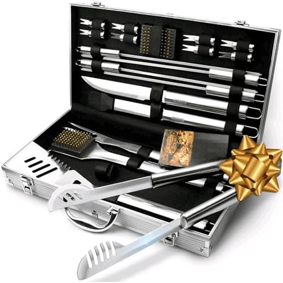 BBQ Grill Utensil Tools Set Reinforced BBQ Tongs 19-Piece Stainless-Steel Barbecue Grilling Accessories w/Aluminum Storage Case -Complete Outdoor Grill Kit for Dad, Birthday Gift for Man Dad