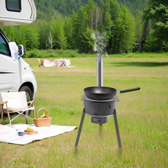 BBQ Grill Wood Burning Stove, 18.9in Diameter with 3 Cooktop Rings, Detachable Legs Raise to 19.68in Height, Outdoor Camping Stove