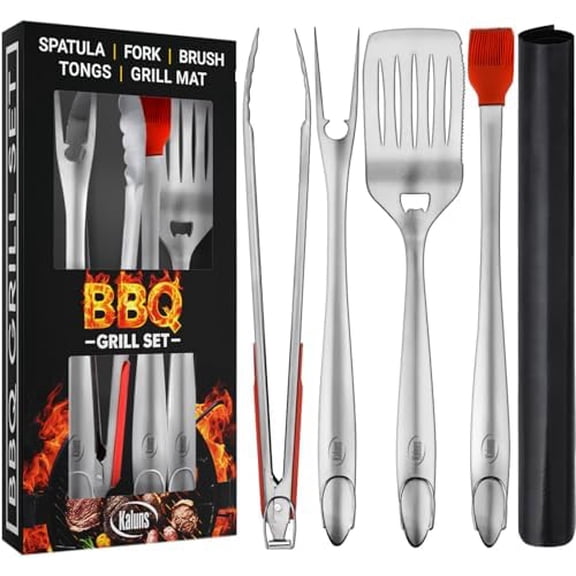 BBQ Grilling Accessories, Grilling Gifts for Men Dad, Grill Tools for Outdoor Grill, Heavy Duty Stainless Steel Grill Set with Spatula, Tongs, Fork, Brush, & Grilling Mat, Best BBQ Gifts