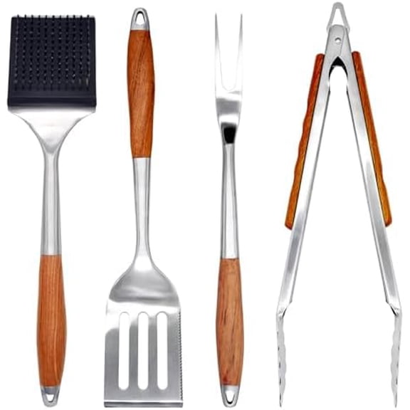 BBQ Grilling Accessories, Outdoor Grill Set with Spatula, Fork, Brush & Tongs, Stainless Steel Grilling Tools with Non-Slip Wooden Handle, for Blackstone Griddle Accessories$$Garden & Patio