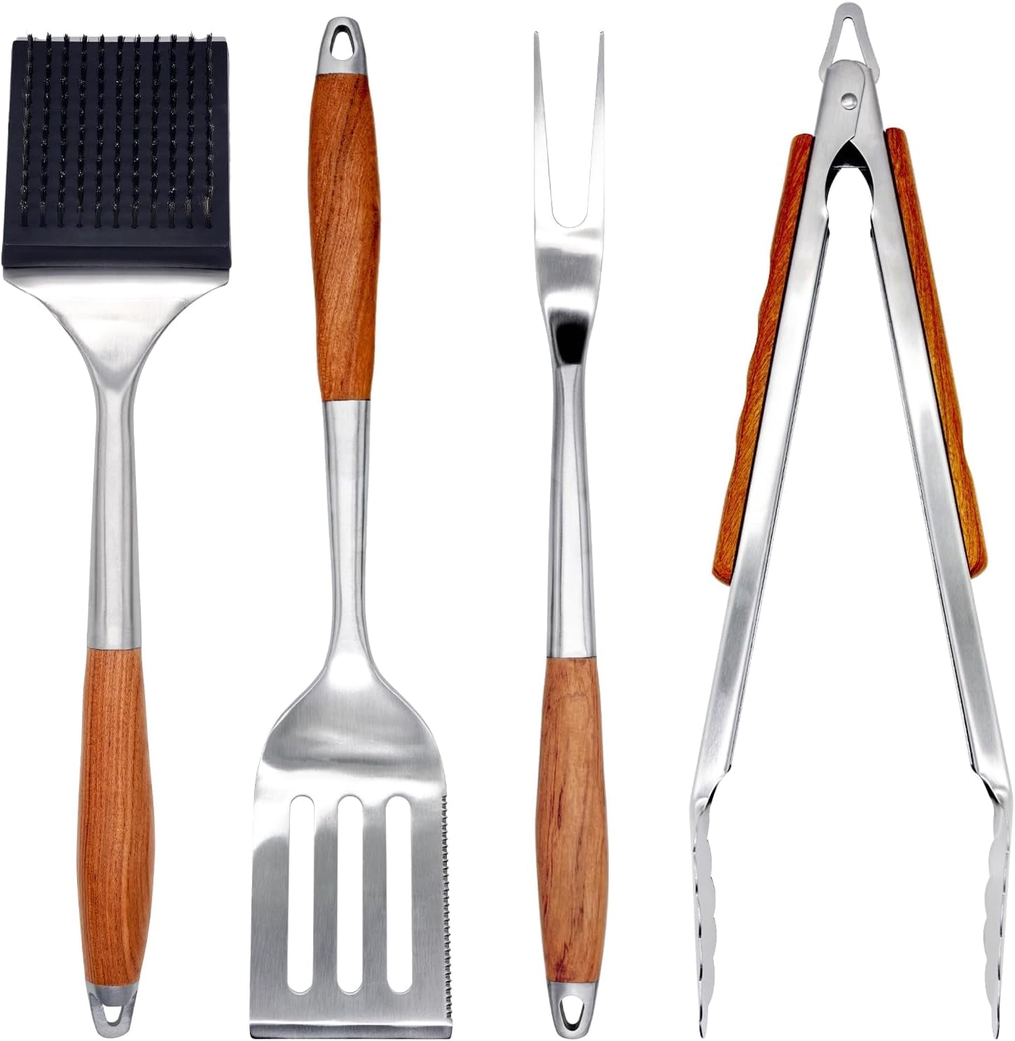 BBQ Grilling Accessories, Outdoor Grill Set with Spatula, Fork, Brush & Tongs, Stainless Steel Grilling Tools with Non-Slip Wooden Handle