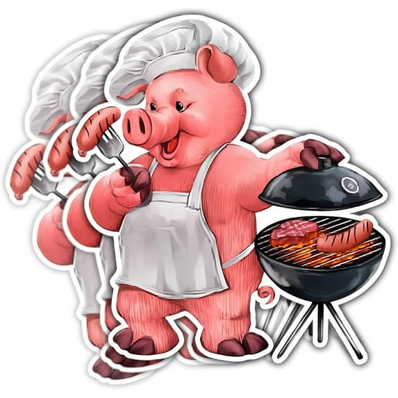 BBQ Grilling Barbeque Grill Vinyl Sticker Waterproof Decal, A Pig Standing & Grilling BBQ, Barbeque Stickers, Piggy Stickers - Sticker for Laptop Water Bottle Phone Car Window Helmet 3" (4x4inch)