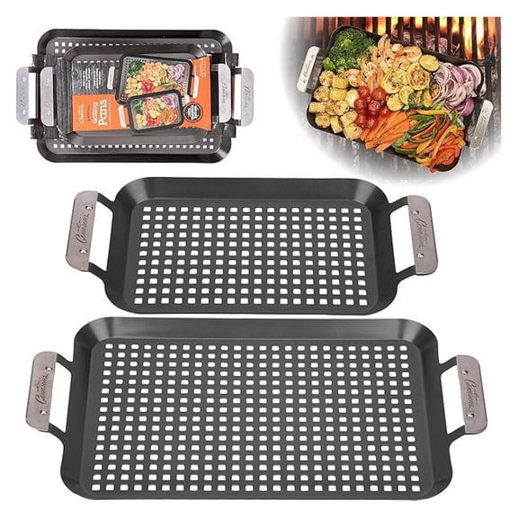 BBQ Grilling Pans Set of 2 - Non-Stick Grill Tray for Indoor Outdoor Use - Stainless Steel Handle Barbecue Pans for Meat, Vegetables & Seafood - Grill Gift