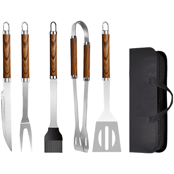 5 Pcs Heavy Duty Stainless Steel BBQ Grilling Tool Set  Wooden Handles, Spatula, Tongs, Fork, Knife & Brush, Portable Storage Bag, for Outdoor Camping & Backyard Grilling