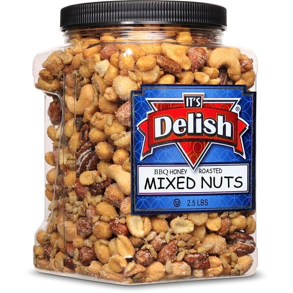 BBQ Honey Roasted Mixed Nuts by It's Delish, 2.5 LBS Reusable Jumbo Container Gourmet Mixed Nuts in Honey Sugar Coating, Sweet & Heart Healthy Salted Nut, Kids Snack - Non-Dairy, Kosher Parve