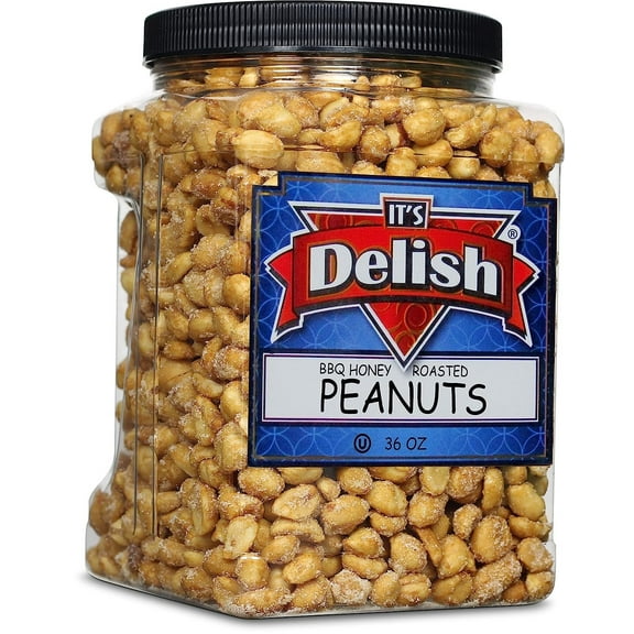BBQ Honey Roasted Peanuts by It's Delish, 36 Oz Reusable Jumbo Container  Gourmet Peanut Nuts in Honey Sugar Coating and Barbecue Seasoning, Sweet & Savory Nut Snack - Vegan, Kosher Parve