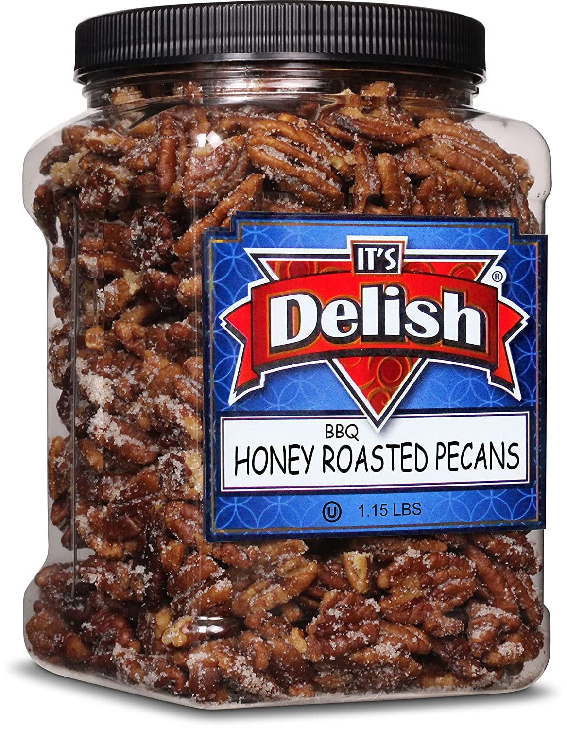 BBQ Honey Roasted Pecans by It's Delish, 1.15 LBS Reusable Jumbo Container Gourmet Pecan Nuts in Honey Sugar Coating and Barbecue Seasoning, Sweet & Savory Nut Snack - Vegan, Kosher Parve