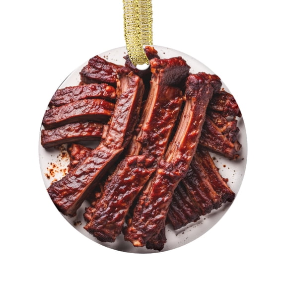 BBQ Meat Beef Ribs Gift Rib Steaks Food Double Sided Ceramic Foodie Novelty Holiday Christmas Xmas Tree Ornament Gift Accessory (Flat Printed Design, NOT 3D)