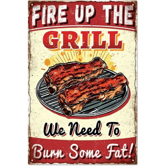 BBQ Metal Tin Sign Fire Up the Grill Vintage Sign Tin Barbecue BBQ Restaurant Funny Sign Bar Pub Kitchen Diningroom Wall Decor Retro Poster for Backyard Home Grilling Areas 7.8x11.8 Inch