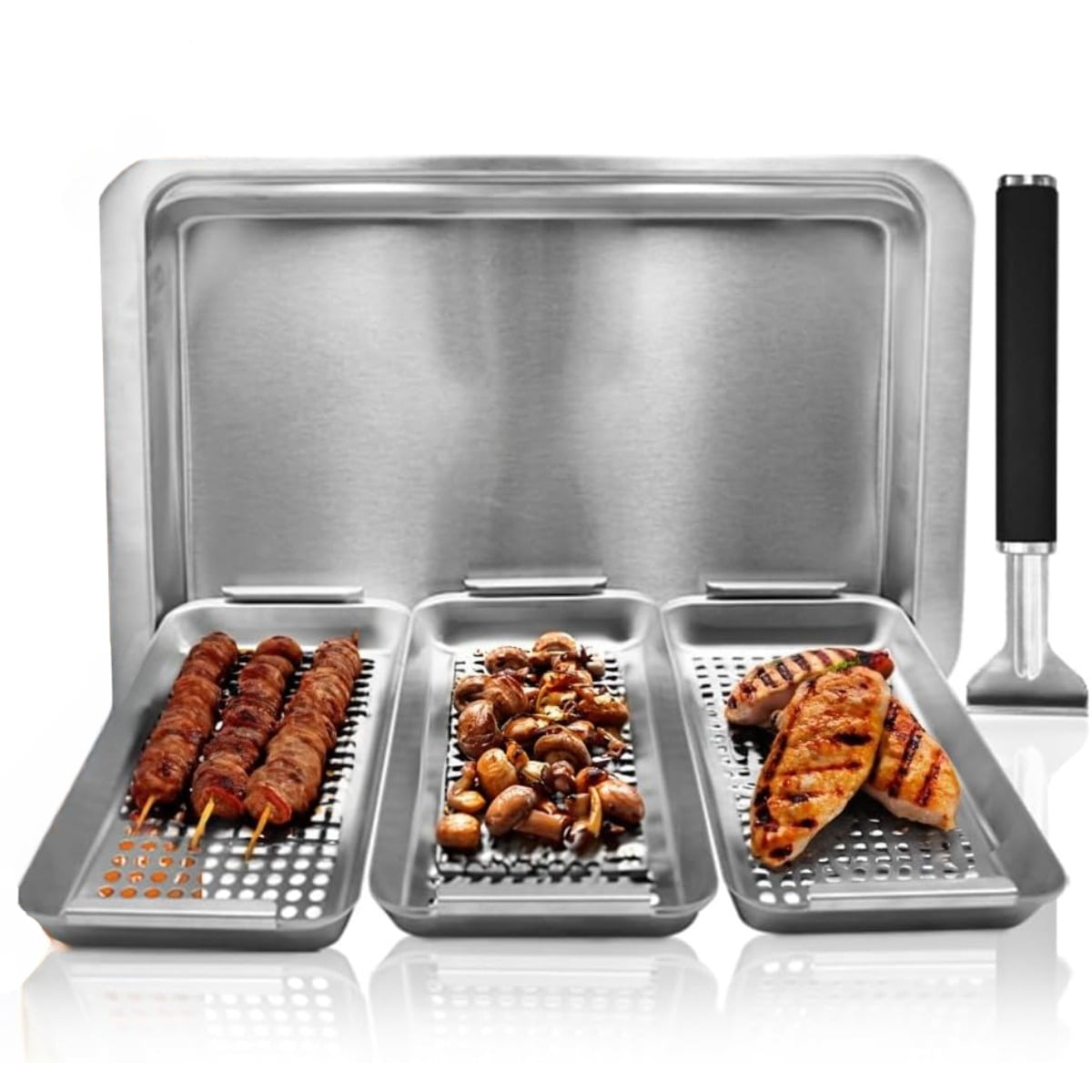 BBQ 'N SERVE Grill Basket Set - Includes 3 Grilling Baskets a Serving Tray & Clip-on Handle ...