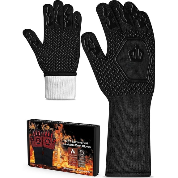 BBQ Oven Gloves 1472? Oven Mitts Non-Slip Cooking Gloves for Barbecue, Grilling, Baking, Welding, (A Pair) (Black)