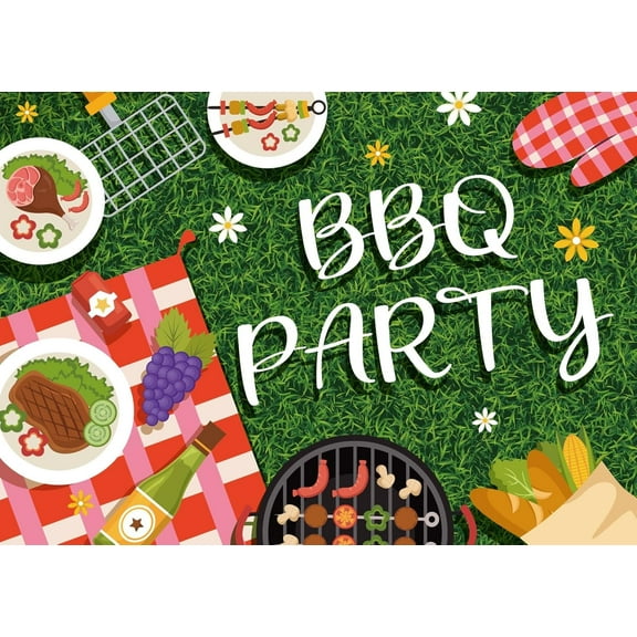 BBQ Party Backdrop Green Grass Lawn Red and White Checkered Picnic Barbecue Background Summer Family Barbecue Party Birthday Shoot Cake Table Decorations Photoshoot Studio Props
