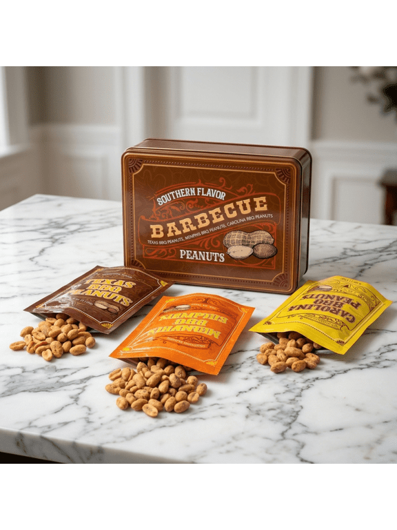 BBQ Peanuts Food Gift Basket, Gourmet Nuts Mix, Crunchy Bites, Metal Tray, 3 Count, 12 Oz
