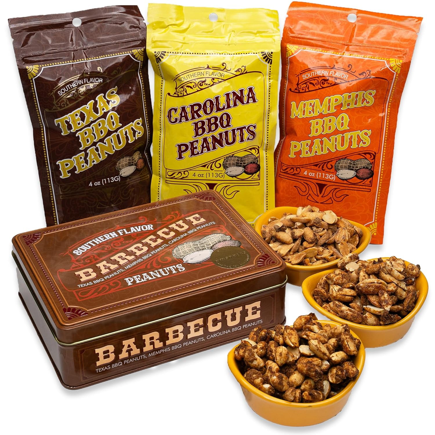 BBQ Peanuts, Food Gift Basket for Men in Tin Box, Unique Texas, Memphis, Carolina Barbeque Flavors, Birthday Gift for Men, Gourmet Nuts Mix, Healthy, Party Snacks, Beer Basket