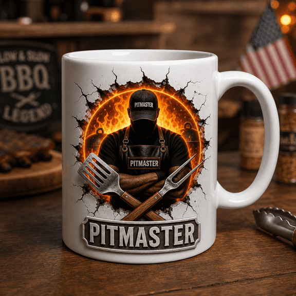 BBQ Pitmaster Mug, Flame Grill Master Coffee Cup Gift for Dad Husband