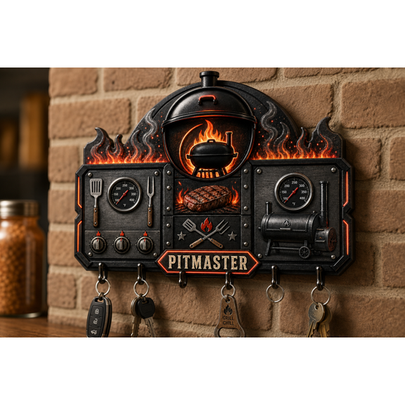 BBQ Pitmaster Wooden Key Hanger Personalized Key Rack Gift for Grill Masters