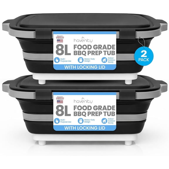 BBQ Prep Tub 2 Pack (8L+8L) - Multifunctional Collapsible Camping Cutting Board with Upgraded Locking lid, Meal Prep Meat Storage Container Perfect for Grilling, Outdoor Cooking (Large x 2)