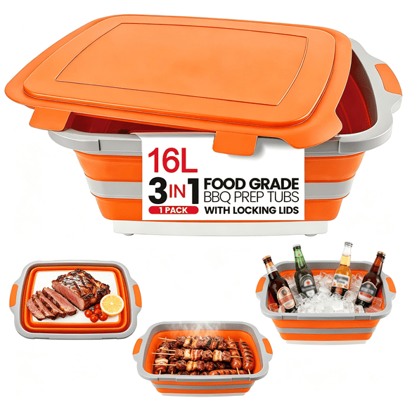 Collapsible BBQ Prep Tub with Lid, Foldable Camping Sink with Colander, Cutting Board, Dish Basin for Kitchen, Bowl, Vegetable and Fruit, Storage Basket for Picnic-Orange