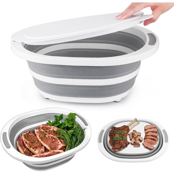 BBQ Prep Tub with Lid, Collapsible Wash Basin 7.5L Dish Tub Sink Basin, 2-in-1 Board Foldable Dish Pans for Kitchen Sink Camping Picnic Fruits Washing RV Accessories Kitchen Gadgets