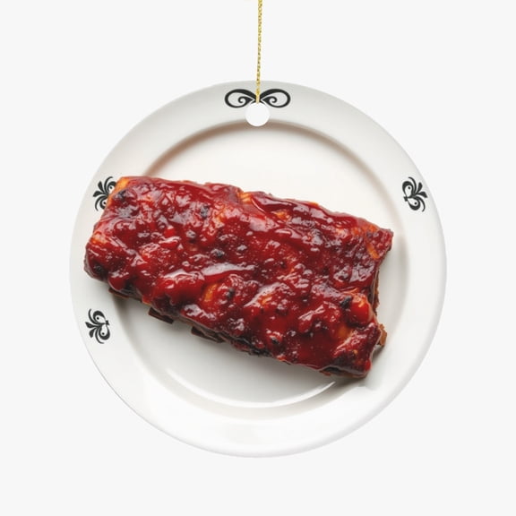 BBQ Ribs, Barbeque Beef Meat Rib Grilled Steak Lovers Christmas Ornament, Food Foodie Novelty Xmas Tree Gift Accessory Funny Ornaments (Flat Design Printed on Ceramic, NOT 3D)