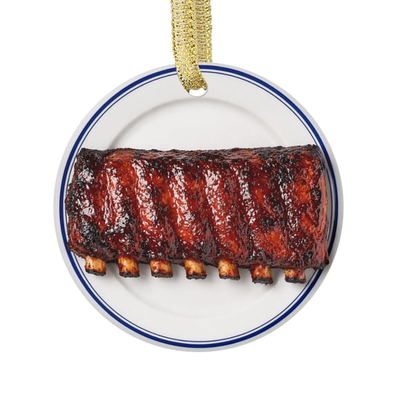BBQ Ribs, Rib Steak, American Dinner Cuisine Beef Meat Lovers, Dad, Carnivores Food FLAT PRINTED IMAGE on Ceramic Ornament NOT 3D, Double-Sided Design, Christmas Ornament, Foodie Gift,