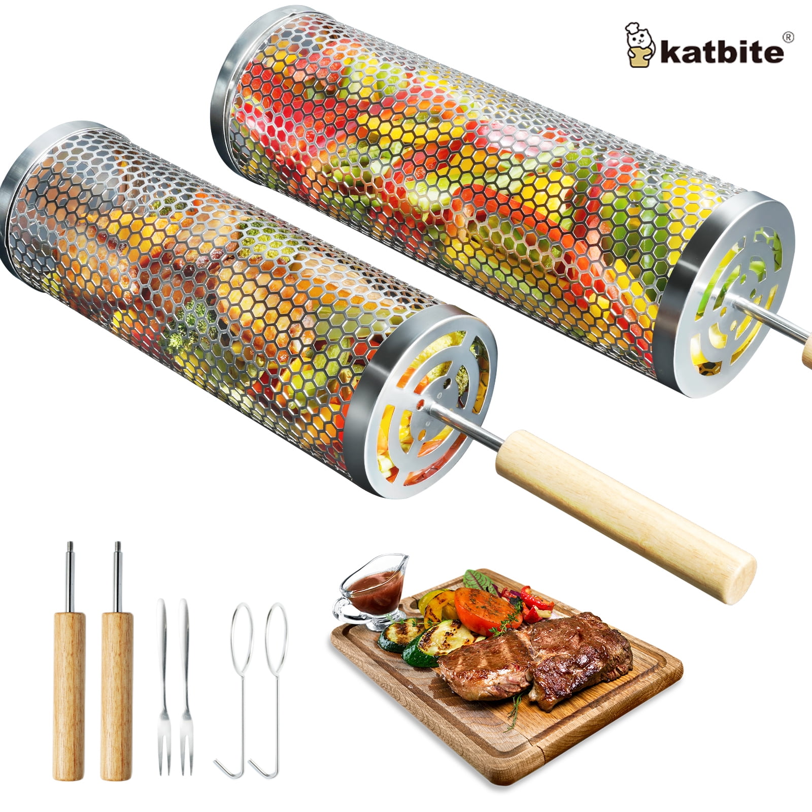 Katbite 2-Pack Rolling Grill Baskets - Thumbnail 3