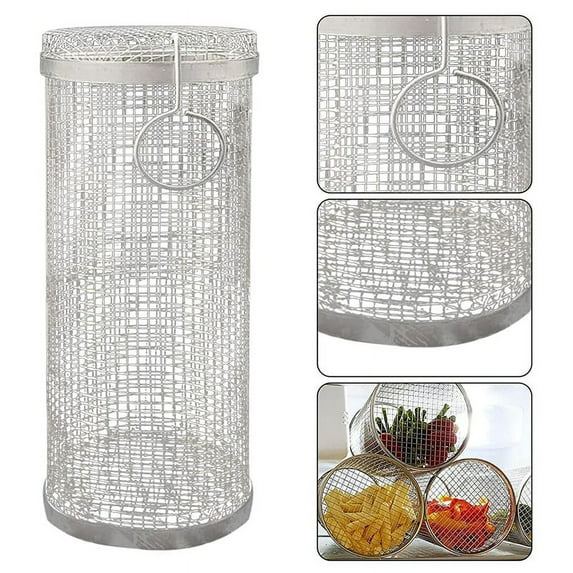 BBQ Rolling Rack Basket Stainless Steel Mesh Cylinder Rack Basket for Camping Picnics Outdoor Round BBQ Rack Grid