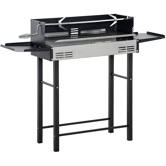 BBQ Rotisserie Grill Roaster, Charcoal Split Roaster for Chicken or Turkey with 3-Level Grill Grate, Foldable Storage Shelves, and Wind Deflector, Stainless Steel, Black
