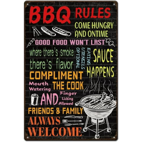 BBQ Rules Tin Sign Always Welcome Metal Tin Sign BBQ Quotes Metal Sign Vintage Kitchen Metal Wall Art Poster Funny Signs and Plaque for Kitchen Bars Pub Man Cave colorful