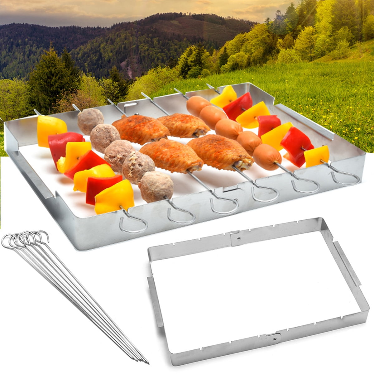 BBQ Skewer Rack Barbecue Kabob Skewer Rack Stainless Steel BBQ Metal