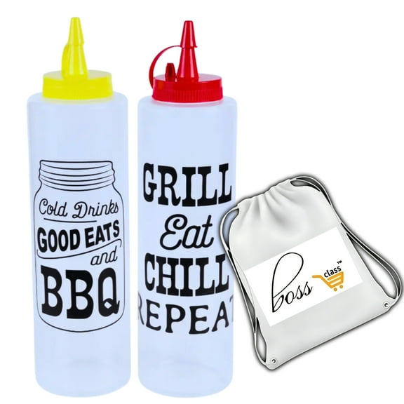 BBQ Slogan Condiment Bottle Dispensers, 8.37x2.25in (Pack of 2) Mustard Ketchup Squeeze Bottles Set Home Kitchen Picnic Cooking Essential Grilling BBQ Sauce Accessory & CUSTOM Storage Carrier
