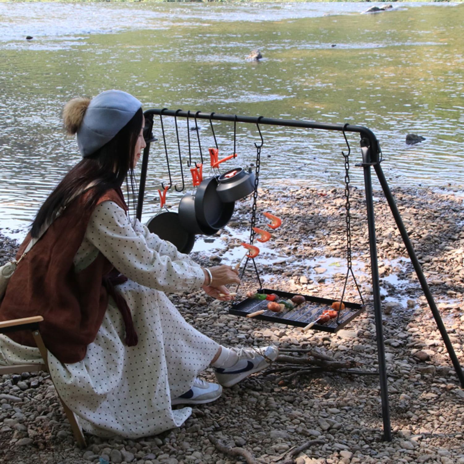 BBQ Swing Hanging Campfire Cooking Rack with Adjustable Iron Grill ...