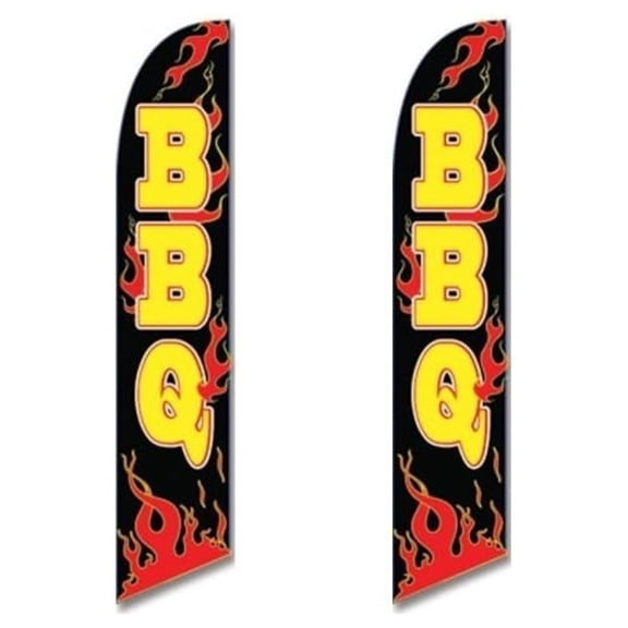 BBQ Swooper Flags - Twin Pack Full Sleeve - 12ft Feather Flags - Black Flag w/ Yellow Text & Red Graphics - Restaurant Advertising - Grand Opening - Event Promotion