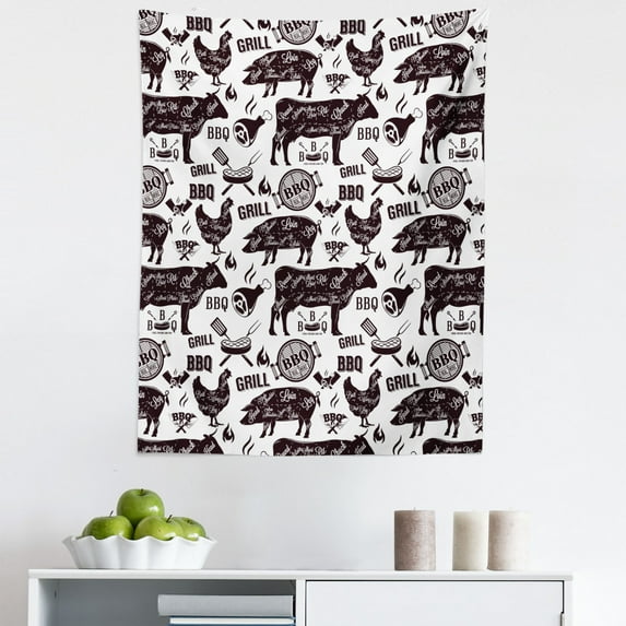 BBQ Tapestry, Food Friends and Fun Real Smoke Grill Beef Cuts Cooking Cow Pig Chicken Artwork, Fabric Wall Hanging Decor for Bedroom Living Room Dorm, 5 Sizes, White Dark Fuchsia, by Ambesonne