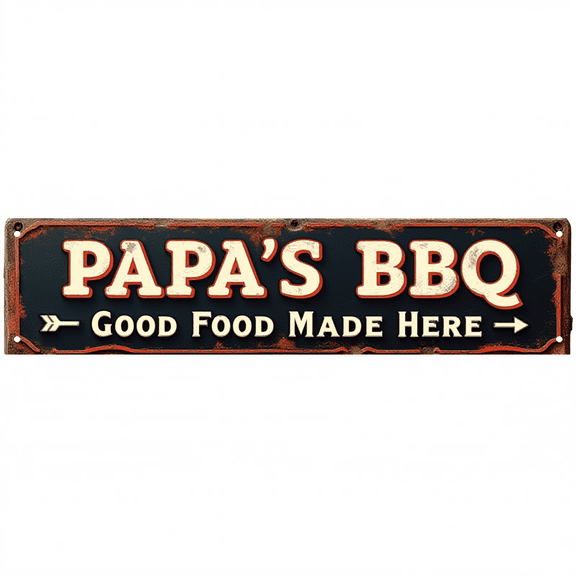 BBQ Themed Tin Sign 16x4 Inch Papas BBQ Good Food Made Here Design - Ideal for Kitchen, Backyard, Outdoor Vintage Decor with Indie Vibe