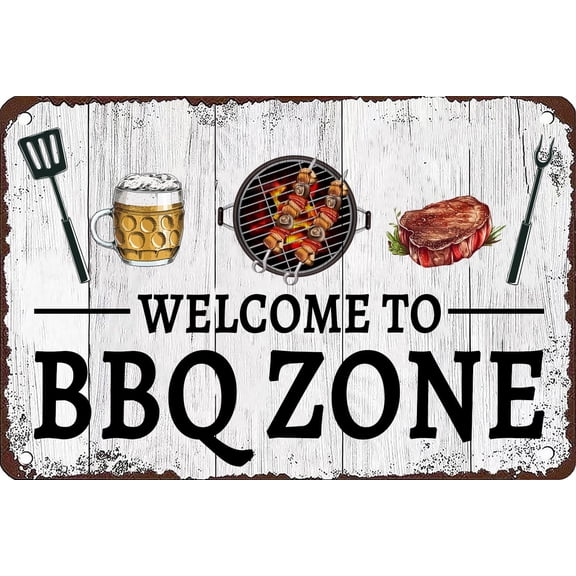 BBQ Tin Signs Grilling Signs and Decor BBQ Metal Sign Vintage Outdoor Barbecue Sign Welcome to BBQ Zone Sign Grilling Zone Sign BBQ Grill Sign Grilling Wall Decor BBQ Gifts 12x8 Inch
