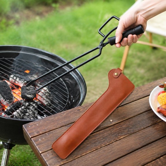 BBQ Tongs, Black Metal Grill Tongs with PU Leather Storage Pouch for Charcoal, Steak, Campfire, Smoker, Outdoor Cooking