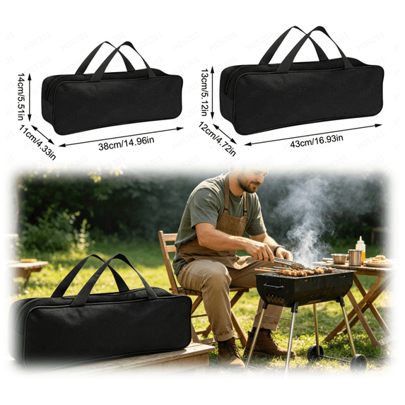 BBQ Tool Bag: Portable Grill Accessories Storage Tote for Grill Utensils Set, Large Capacity Oxford Tool Organizer for Outdoor Picnic, Camping & BBQ Party(S,Black,14.96" x 4.33" x 5.51")