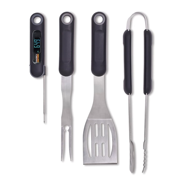BBQ Tool Set with Case/Bag and Thermometer, Heavy Duty Stainless Steel Grill Utensils Kit, Grill Fork, Built-in Meat Thermometer, Long Handle Spatula, Tongs, Maverick AK-75