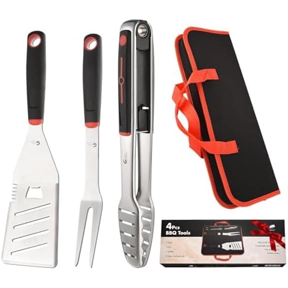 BBQ Tools Set, 4 PCS Heavy Duty Stainless Steel Spatula, Fork, Tongs with Portable Bag, Essential Accessories for Barbecue Outdoor Grill, Grilling Gifts for Men Dad Camp Chef$$Garden & Patio