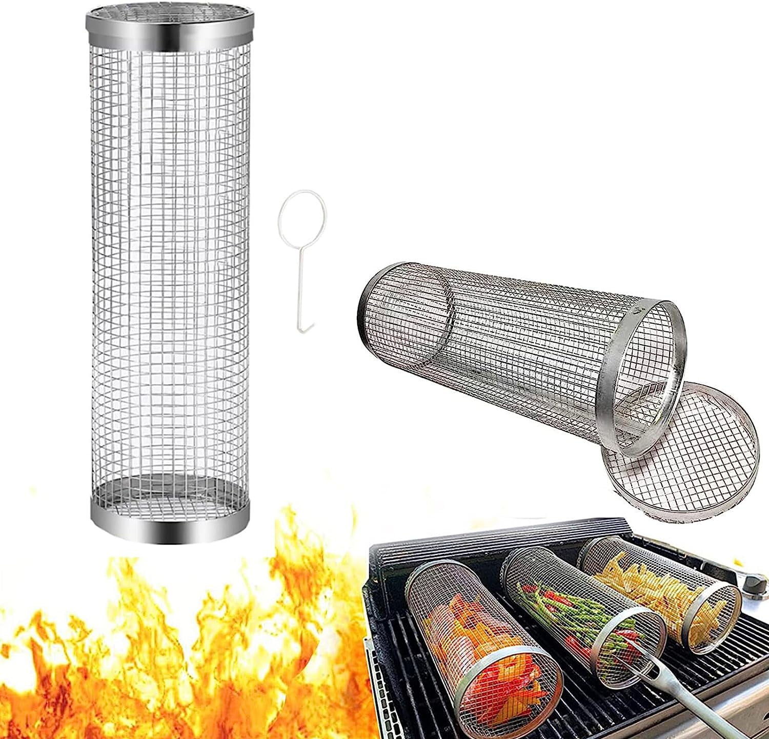 BBQ Versatile Rolling Grill Basket - Stainless Steel Wire Mesh Cylinder ...